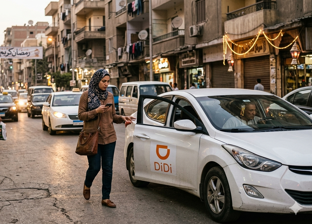 امرأة مصرية تقترب من سيارة DiDi في القاهرة خلال وقت الغروب في رمضان