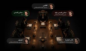 مشهد من محاكاة قاعة المحكمة الافتراضية في منصة ميتا ليغال سبيس يظهر القاضي والشاهد وكاتب الجلسة بأدوار يؤديها الذكاء الاصطناعي