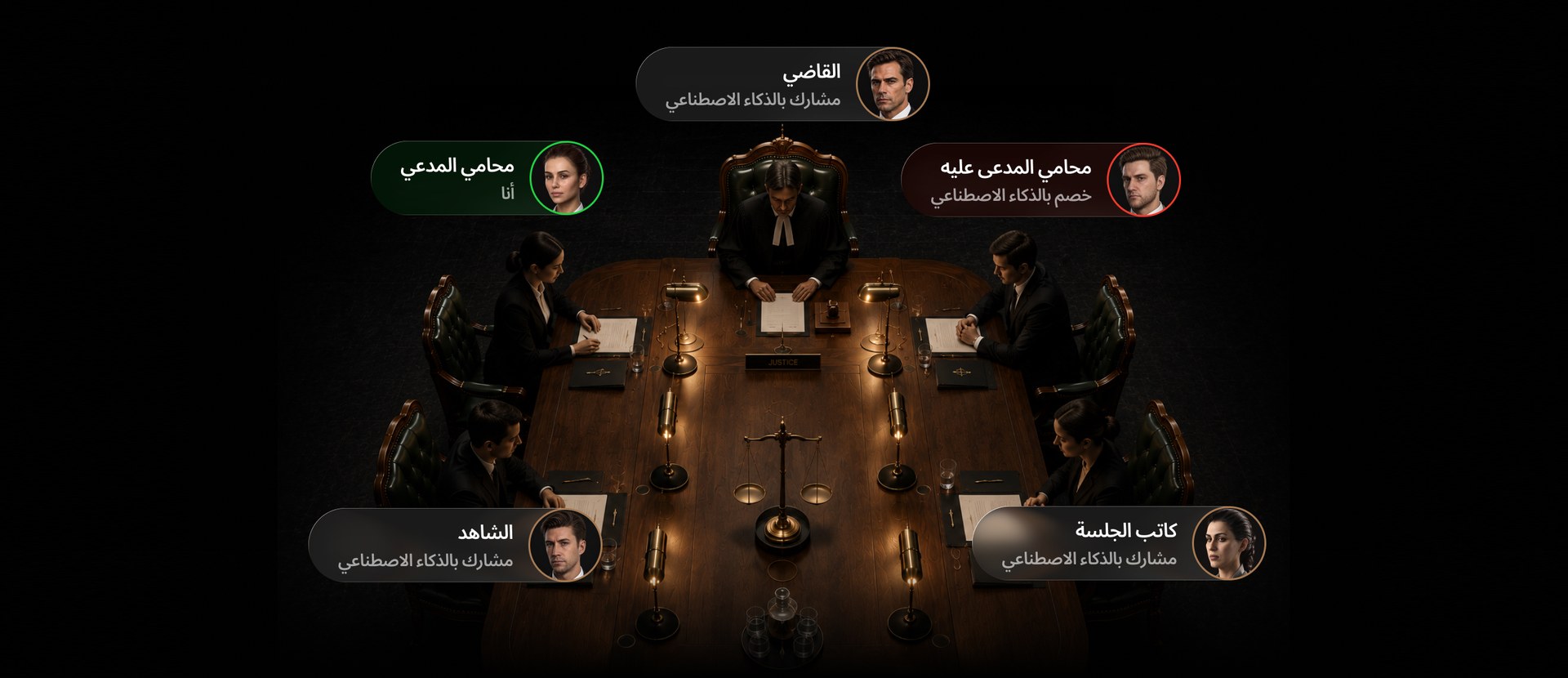مشهد من محاكاة قاعة المحكمة الافتراضية في منصة ميتا ليغال سبيس يظهر القاضي والشاهد وكاتب الجلسة بأدوار يؤديها الذكاء الاصطناعي